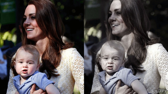 Công nương Kate và Hoàng tử bé George cũng được thử nghiệm “già hóa”. Hoàng tử nhí nước Anh mới vừa bước qua sinh nhật đầu tiên của mình.