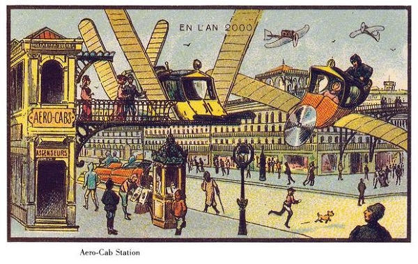Bức vẽ thể hiện viễn cảnh giao thông năm 2000 qua cái nhìn của người Pháp ở thế kỷ XIX: vẫn còn đó những chiếc xe ô tô, song phương tiện di chuyển chính lại là những chiếc tàu bay độc đáo.