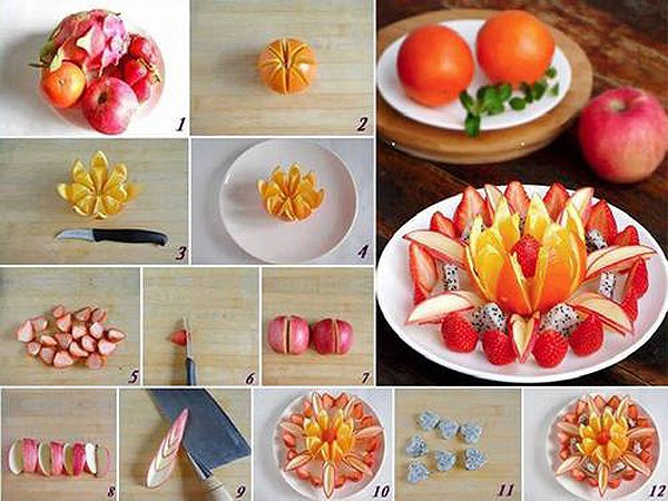 Để bài trí trái cây cho đẹp mắt, bạn có thể kết hợp nhiều loại quả như táo, cam, dâu, thanh long,... cùng với với một số thao tác tỉa đơn giản là được.