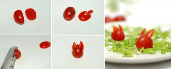 Mẹo tỉa cà chua bi thành hình chú thỏ mini trang trí salad. Bạn chú ý dùng dao thật sắc để tỉa cà chua không bị dập nhé!