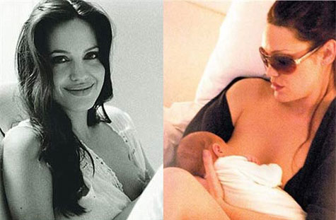 Minh tinh Angelina Jolie thể hiện niềm vui cho con bú.