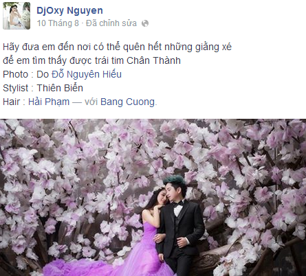 Mới đây, trên trang cá nhân của nữ DJ Oxy đã đăng tải hàng loạt ảnh cưới giữa cô và nam ca sỹ Bằng Cường. Bộ ảnh nhanh chóng nhận được sự quan tâm từ cư dân mạng với rất nhiều lượt like và chia sẻ bình luận.