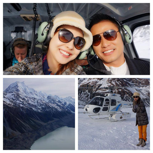 Hoa hậu Jennifer Phạm viết: “Lượn trực thăng qua đỉnh núi cao nhất New Zealand, Mount Cook và đáp trên mặt sông băng Tasman. Cảm giác thật tuyệt vời!”