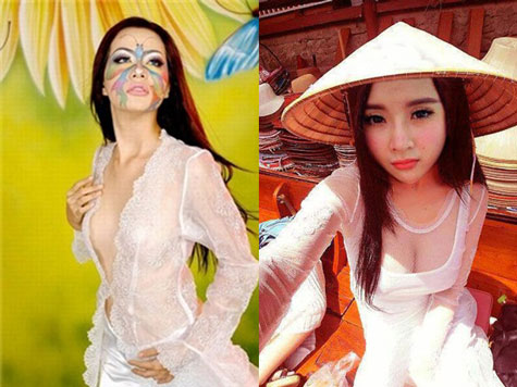 Angela Phương Trinh và Ngọc Thúy khoe ngực bạo với áo dài khoét sâu.