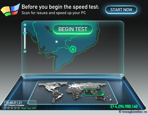Cách 1: Bạn có thể truy cập vào trang http://www.speedtest.net/ - nhấn Begin test để kiểm tra tốc độ vào website của thiết bị.