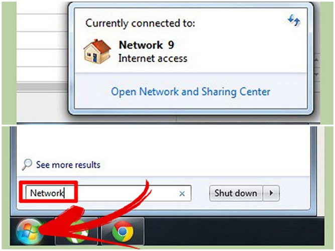 Cách 2: Click chuột trái vào biểu tượng mạng trên thanh công cụ (góc phải màn hình máy tính) hoặc vào Start -> nhập dòng Network vào ô tìm kiếm -> Chọn Open Network and Sharing center.
