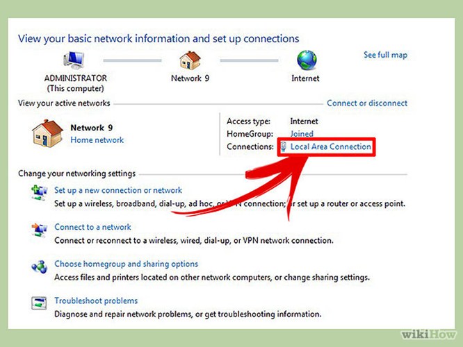 Sau đó, bạn click vào biểu tượng Connections: Local Area Connection để biết thông số về tốc độ internet.