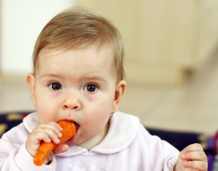 Vitamin A: Hãy cho trẻ thỉnh thoảng được gặm những miếng cà rốt cứng, vừa giúp bé tập nhai lại bổ sung thêm vitamin A. Ở tuổi này, trẻ cần 400mcg/ngày từ cà rốt, các loại quả màu đỏ và rau.