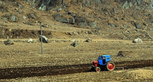 Một chiếc máy cày trên cánh đồng khô cằn. Triều Tiên ngoài Bình Nhưỡng thì đâu đâu cũng như thế này.