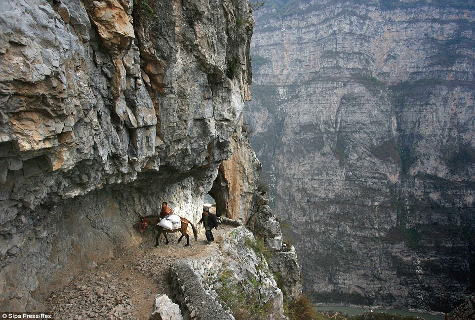 Shen Qicai và ông của cậu phải men theo con đường nhỏ trên vách núi để tới trường Tiểu học trên lưng chừng núi ở tỉnh Tứ Xuyên Trung Quốc.