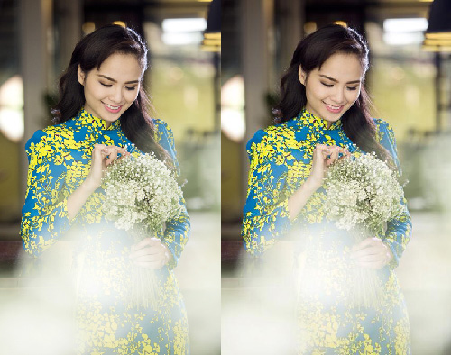 Diễm Hương xuất hiện khá giản dị với chiếc áo dài thay vì áo cưới lộng lẫy.