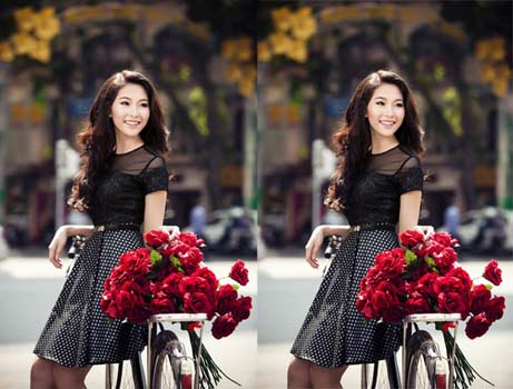 Hoa hậu Thu Thảo nữ tính với hoa và xe đạp.