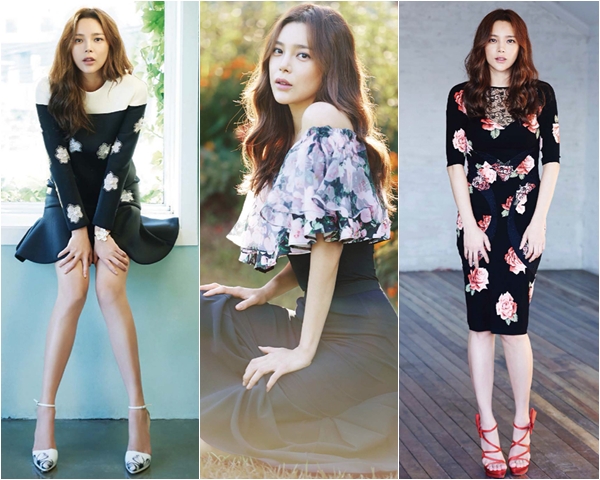 Cựu Hoa hậu Hàn Quốc kiêm diễn viên truyền hình Park Si Yeon chọn những bộ cánh hoa trang nhã khi góp mặt trên InStyle tháng 10.