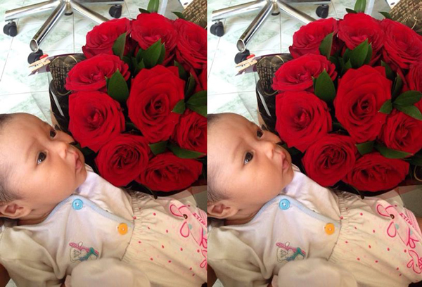 Cô bé đáng yêu bên bó hoa hồng.