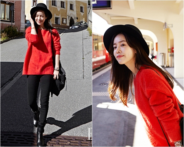 Diễn viên Hoàng tử gác mái Han Ji Min lại có mặt ở Graubunden, Thụy Sĩ để chụp hình cho ấn phẩm Elle Hàn Quốc số tháng 11 tới. Cô mặc áo len đỏ nổi bật cùng quần skinny, bốt và mũ đen dễ thương.