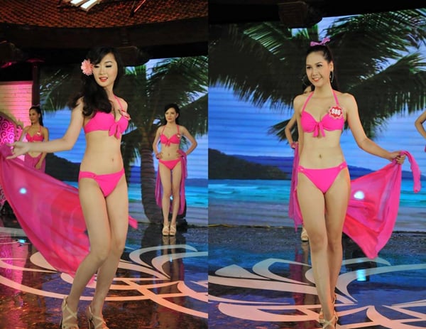 Xuất hiện trong bộ bikini màu hồng, các thí sinh tự tin khoe hình thể chuẩn của mình.