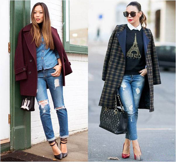 Jeans rách, jeans xắn gấu hay jeans boy friend tất cả đều có thể là sự lựa chọn để kết hợp cùng áo khoác oversize.