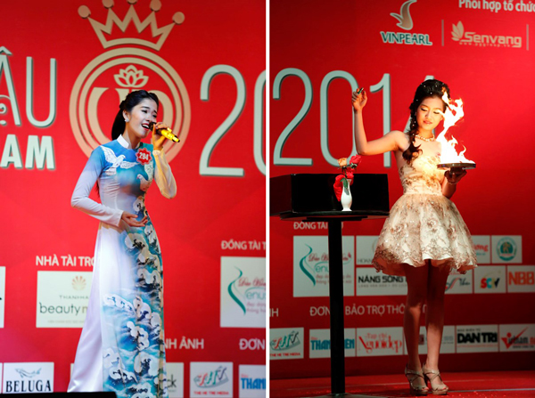 Phần trình diễn ca hát và ảo thuật của thí sinh Hoa hậu Việt Nam.