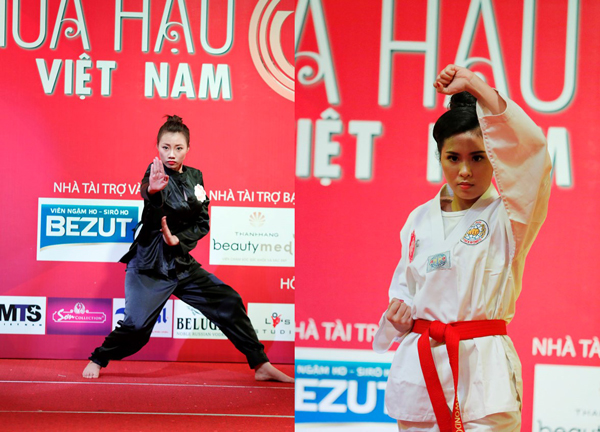 Hai thí sinh thể hiện tài năng võ thuật tại Hoa hậu Việt Nam.