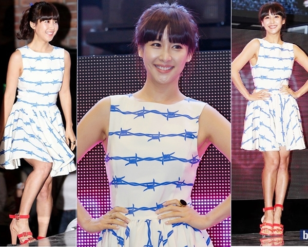 Jo Yeo Jung bỗng trẻ trung, năng động như thiếu nữ khi diện bộ váy xanh dáng xòe in họa tiết dây thép gai của thương hiệu Johnny Hates Jazz.