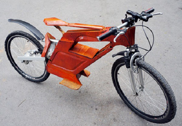 Xe đạp điện chế từ gỗ thông của anh Đào Trọng Thiết (Hà Nội).