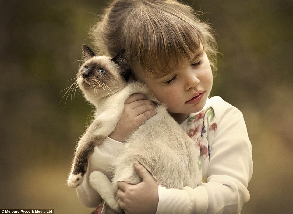 Bức ảnh bé gái âu yếm mèo được nhiếp ảnh gia Elena Shumilova ghi lại tại Moscow, Nga.