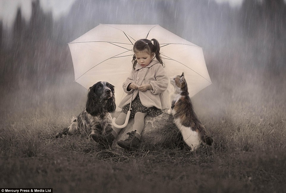 Bé gái ngồi trú mưa cùng mèo và chó.