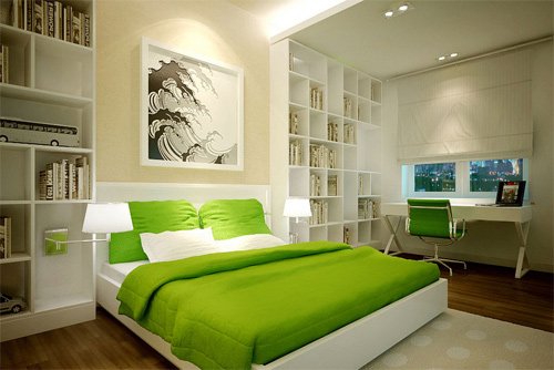 Phòng ngủ cho người tuổi Dần được trang trí rất bắt mắt với gam màu xanh lá cây là chủ đạo.