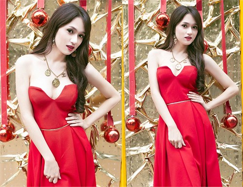Người đẹp chuyển giới Hương Giang Idol khoe vòng 1 gợi cảm trong chiếc đầm cup ngực đỏ.