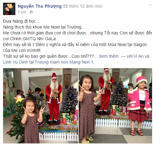 Mới đây, ca sỹ Thu Phượng (vợ cũ Thành Trung) cũng chia sẻ những hình ảnh ngộ nghĩnh của con gái khi chuẩn bị đón Noel tại trường.