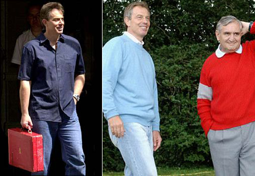 Cựu Thủ tướng Anh Tony Blair đẹp trai như một tài tử điện ảnh với áo sơ-mi xanh và quần jeans mài.