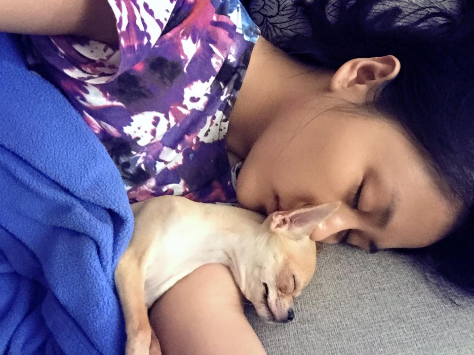 Văn Mai Hương ôm cún cưng ngủ ngày đầu năm.
