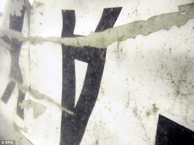 Các bức ảnh cho thấy những mảnh vỡ của chiếc máy bay QZ8501, bao gồm cả bộ phận dường như là phần đuôi của nó và một phần nội thất của cabin.