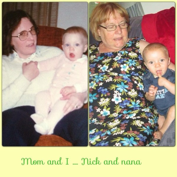 Bức ảnh bà ngoại bế mẹ của bé Nicolas năm 1983 (trái) bế bé Nicolas năm 2013.