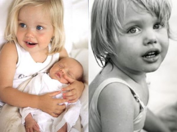 Bé Shiloh khi còn nhỏ xíu với mái tóc vàng và khuôn miệng dày gần như y tạc ảnh thời thơ ấu của Angelina Jolie.