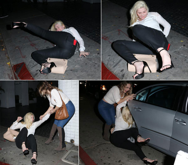 Người mẫu Kristina Shannon, một trong những bạn gái cũ của ông chủ Playboy Hugh Hefner, say xỉn ngã lăn trên phố khi rời khách sạn Chateau Marmont hôm 5/2.