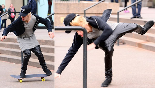 Justin Bieber trổ tài trượt ván tại quảng trường Madison hôm 28/12 nhưng lại mặc trang phục chẳng hề phù hợp. Chiếc áo quá dài và quần đũng rộng khiến nam ca sĩ lúng túng khi xử lý tình huống và kết cục là bị 'vồ ếch' trước rất đông người.
