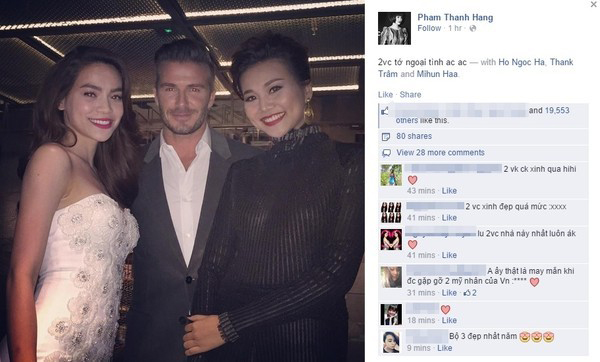 Người mẫu Thành Hằng cùng Hà Hồ bên David Beckham.