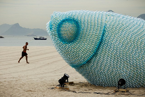 Một con cá được làm từ vỏ chai nhựa.