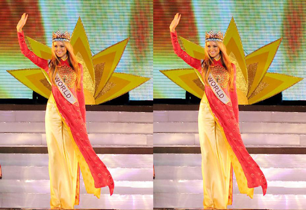 Hoa hậu Thế giới 2008 Ksenia Sukhinova dịu dàng trong tà áo dài.