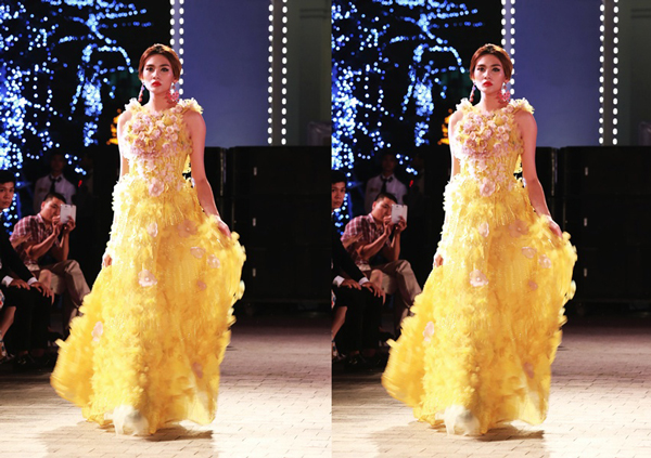 Cũng trong show diễn này, Hoàng Yến diện chiếc váy kết bằng hoa giả rực rỡ.