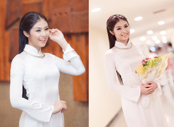Hoa hậu Ngọc Hân xinh đẹp với tà áo dài trắng.