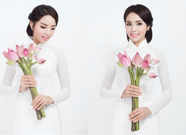 Hoa hậu Kỳ Duyên xinh đẹp với áo dài trắng và hoa sen.