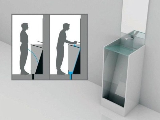 Nam giới có thể tiết kiệm thời gian với nhà vệ sinh 2 trong 1 này. Sau khi đi vệ sinh xong, các quý ông rửa tay có thể sử dụng nước đó cho việc dội nước toilet. Nó được thiết kế chỉ để dành cho nam giới.