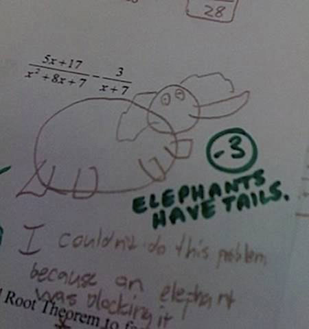 Học sinh: 'Em không thể giải quyết được chuyện này, chỉ vì con voi thôi ạ' Giáo viên: 'Tại sao con voi không có đuôi? Trừ 3 điểm'.