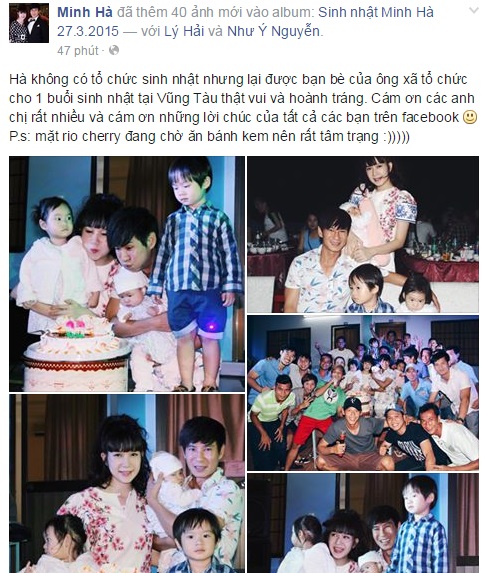 Minh Hà chia sẻ trên trang cá nhân: 'Hà không có tổ chức sinh nhật nhưng lại được bạn bè của ông xã tổ chức cho 1 buổi sinh nhật tại Vũng Tàu thật vui và hoành tráng'.