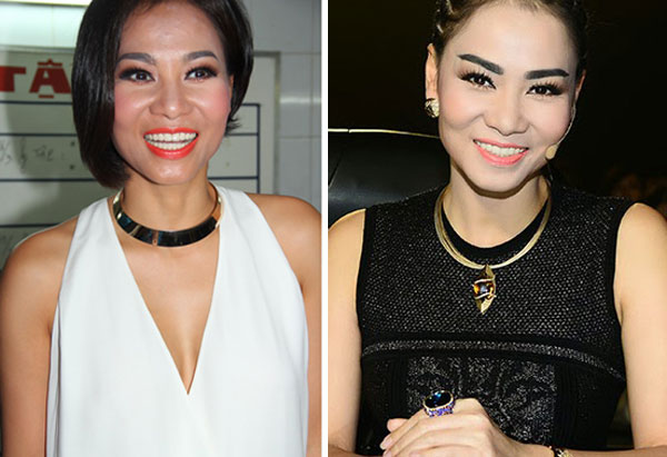Nữ ca sĩ Thu Minh mất điểm vì áp dụng cách tạo kiểu lông mày cong (trái) và dạng thẳng (phải) thiếu tinh tế do dùng phương pháp kẻ đậm, to bản.