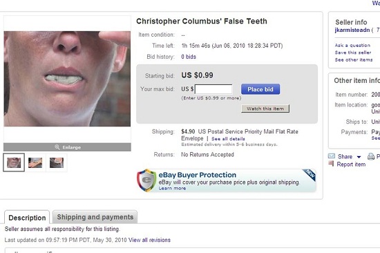 Hàm răng giả của Christopher Columbus từng dùng sẽ có giá thấp nhất 20.000.