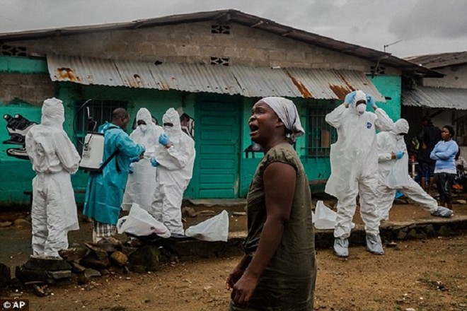 Đội mai táng thuộc Hội Chữ thập Đỏ Liberia mặc trang phục bảo hộ, chuẩn bị di dời thi thể một nạn nhân nghi nhiễm Ebola ở thủ đô Monrovia
