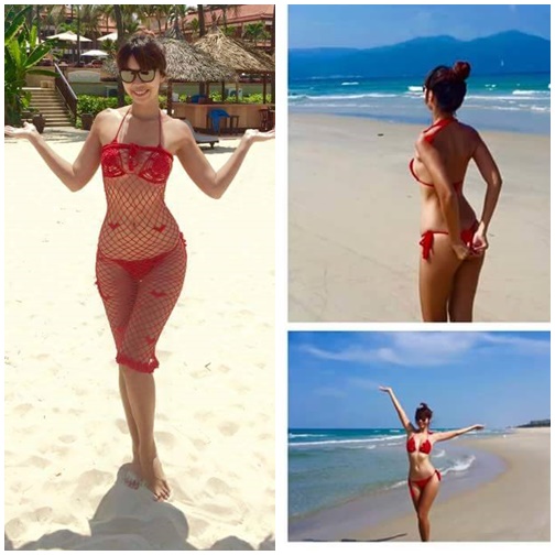 Hà Anh mặc bikini lưới khoe đường cong nóng bỏng trên bãi biển